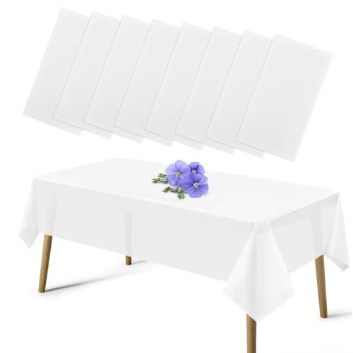 EUBSWA Einweg Tischdecke 8 Pack 137 * 274CM Einfarbige Tischdecken aus Kunststoff, Tischdecke für Geburtstagsfeier, Hochzeit, Brautduschen, Babypartys (Weiß) von EUBSWA