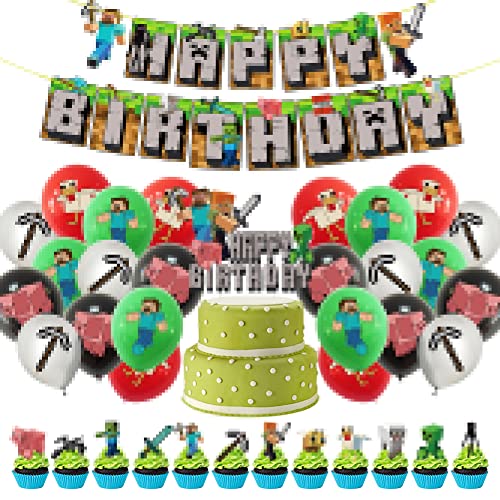 EUBSWA Videospiel Geburtstagsdekoration Set 38PCS, Geburtstag Miner Gamer Mottoparty Luftballons Deko, Alles Gute zum Geburtstag-Banner von EUBSWA
