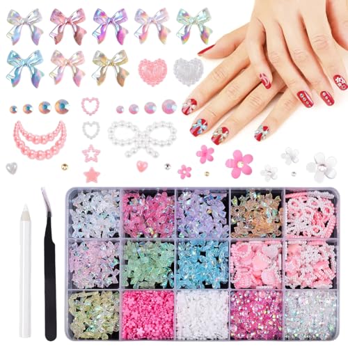 EUBSWA Nageljuwelen 1000 Stück - Niedliche 3D Schleifen-Nagelanhänger Stern-Herz-Mond, Kit mit Pinzette und Bleistift für DIY Nail Art und Handyhüllen EUBSWA Nageljuwelen 1000 Stück - Niedliche 3D Schleifen-Nagelanhänger Stern-Herz-Mond, Kit mit Pinzette und Bleistift für DIY Nail Art und Handyhüllen von EUBSWA