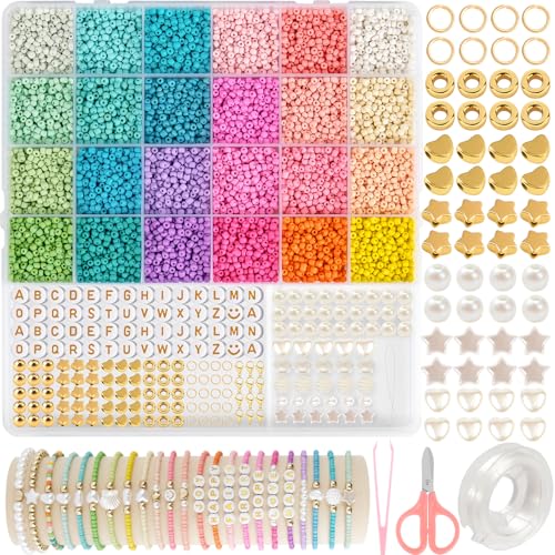 3mm Perlen für Armbänder,Perlen Zum Auffädeln mit Buchstabenperlen und Smiley,Bunte Glasperln Selber Machen Set für Armbänder Ketten Ringe,Glasperlen Kit für Kinder,DIY Bracelet Making von EUES