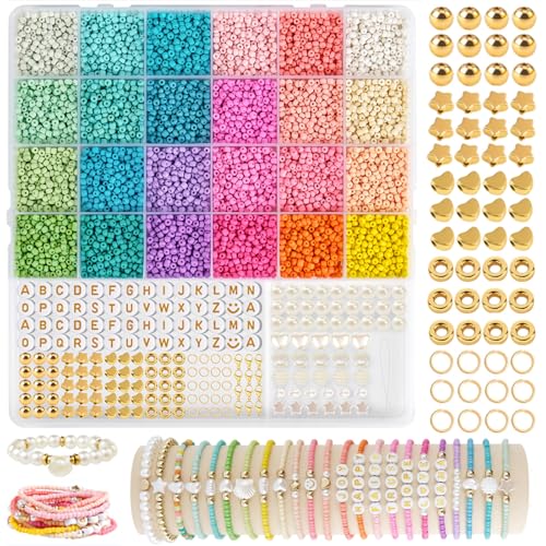 EUES 3mm Perlen für Armbänder,Perlen Zum Auffädeln mit Buchstabenperlen und Smiley,Bunte Glasperln Selber Machen Set für Armbänder Ketten Ringe,Glasperlen Kit für Kinder,DIY Bracelet Making von EUES