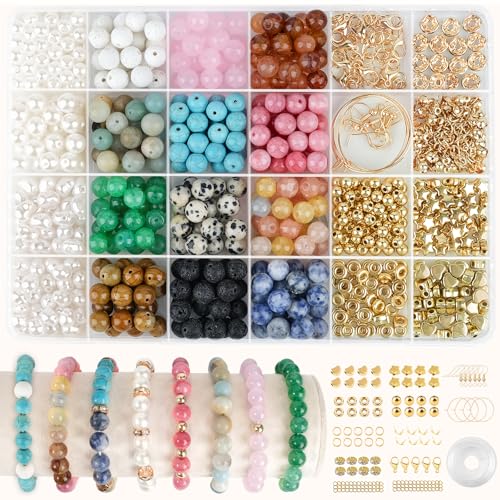 EUES 8mm Perlen für Armbänder,Perlen zum Auffädeln,Armbänder Selber Machen, Natürliche Steinperlen Armband Perlen,Perlen Set für Ketten DIY Schmuck (Gold-Accessoires) EUES 8mm Perlen für Armbänder,Perlen zum Auffädeln,Armbänder Selber Machen, Natürliche Steinperlen Armband Perlen,Perlen Set für Ketten DIY Schmuck (Gold-Accessoires) von EUES