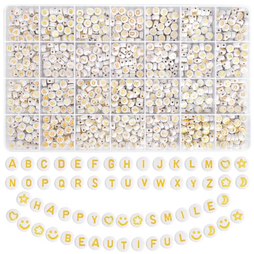 EUES Goldene Alphabet Perlen,7mm A-Z Buchstabenperlen zum Armbänder,Rund Buchstaben Perlen für Auffädeln,Buchstaben Perlen Set für Schmuckherstellung DIY Armbänder Halsketten Handwerk von EUES