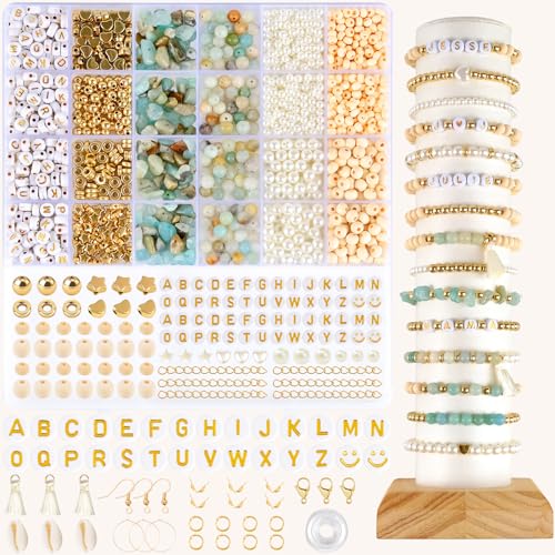 EUES Natürliche Amazonit Perlen Perlen für Armbänder, Edelstein Perlen Kit, Naturstein Perlen Set mit Holzperlen, Boho Armbänder Selber Machen für DIY Perlen Bracelet Making Kit, Partys, Weihnachten von EUES