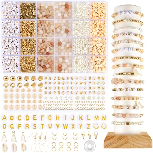 EUES Natürliche Rosa Aventurin Perlen Perlen für Armbänder, Edelstein Perlen Kit, Naturstein Perlen Set mit Holzperlen, Boho Armbänder Selber Machen für DIY Perlen Bracelet Making Kit, Weihnachten von EUES