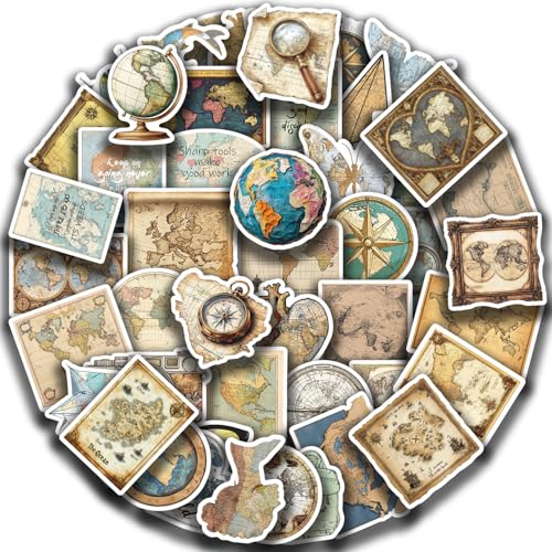 EUFFO Vintage-Karten Aufkleber 50 Stück, Graffiti Weltkarten Wasserfeste Stickers für Koffer Laptop Scrapbook Journal Gitarre Fahrrad Kindle Motorrad Skateboard Helm von EUFFO