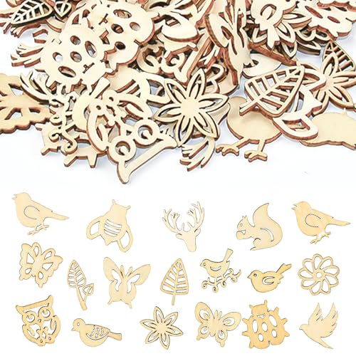 EUIEUT 100 Stück natürliche unbehandelte Holzscheiben, 18 Tierarten, dekorative Scheiben zum Basteln, Scrapbooking, Dekorationen für Hochzeiten und Partys, vielseitige und kreative Holzverzierungen von EUIEUT
