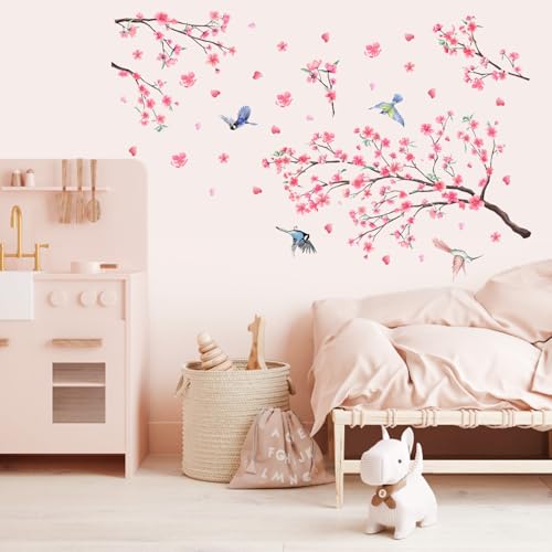 EUIEUT 2 Pack Wandtattoo Kirschblüte Wandaufkleber Wandsticker Wanddeko Rosa Blumen Vögel Wand Stickers Wand Tattoo Blumen Wandtattoos für Wohnzimmer Schlafzimmer Sofa Fenster Hintergrund Wanddeko von EUIEUT