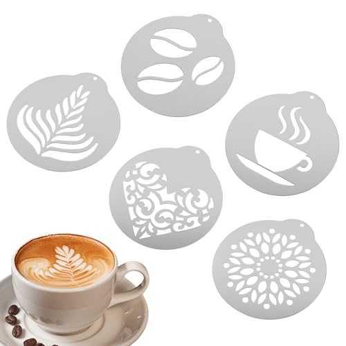 EUIOOVM Kaffeeschablonen aus Edelstahl, 5 Stück Kaffee Dekorationsschablone, für Cappuccino Schablone Kakao Salz Puderzucker von EUIOOVM