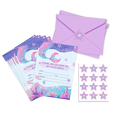 12 Stück Meerjungfrau Einladungskarten Kindergeburtstag Glitzer Meerjungfrau Einladung Bunt Geburtstagseinladung mit 12 Stück Lila Umschlägen für Kinder Mädchen von EULAPGOE
