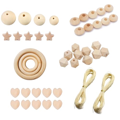 Holzperlen Makramee Set,Holzperlen Holzringe Set 204 Stück, Holzperlen zum auffädeln Natur, Holzkugeln mit Loch und Holzringe zum Basteln DIY Makramee, Runde Holz Perlen für Schmuck Zubehör von EULAPGOE