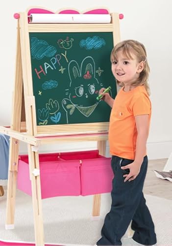 Kinderstaffelei aus Holz, All-in-One-Kinderstaffelei, doppelseitige stehende Whiteboard-Tafel, Kinderkunststaffelei mit Aufbewahrung, höhenverstellbare Staffelei für Jungen und Mädchen zum Malen und S von EULEUY