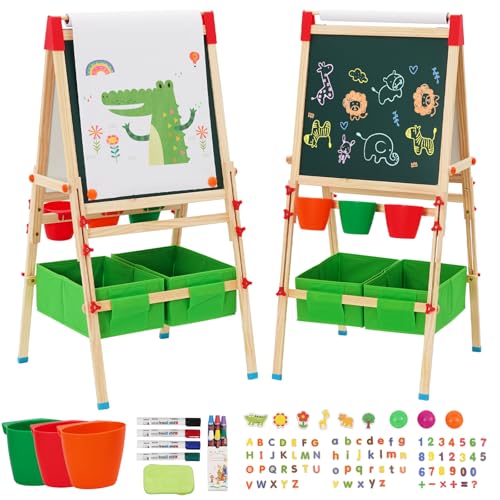 Kindertafel aus Holz mit Papierroll,Magnetische Kinder Kreidetafel & Whiteboard,Höhenverstellbar Staffelei kinder,mit Großer Aufbewahrungstasche Kreide, Pinseln, Zahlen-Buchstaben(Grün) von EULEUY
