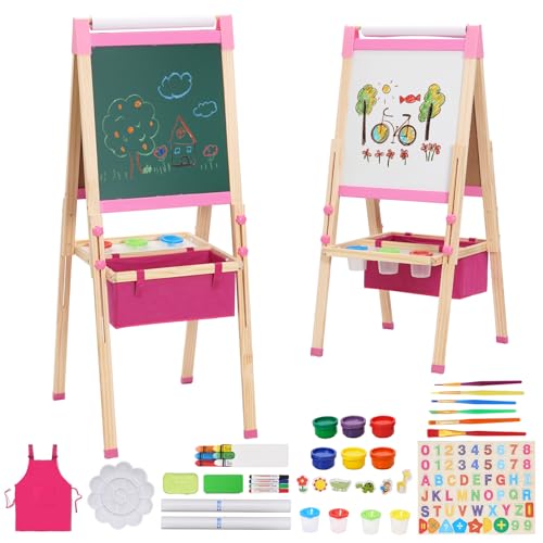 T06 Maltafel in Rosa mit Tragetasche Kinder-Staffelei aus Holz mit Papierrolle,höhenverstellbare Doppelseitiger Easel Kinder, Staffelei Holz Groß,Maltafel Kinder ab 4 Jahren (Pink) von EULEUY