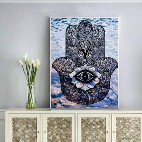 EUPLI Diamant-Kunst-Gemälde, Mosaik, Hand der Fatima, rund, 5D-Stickerei, Amulett-Muster, Heimdekoration, 50 x 70 cm von EUPLI