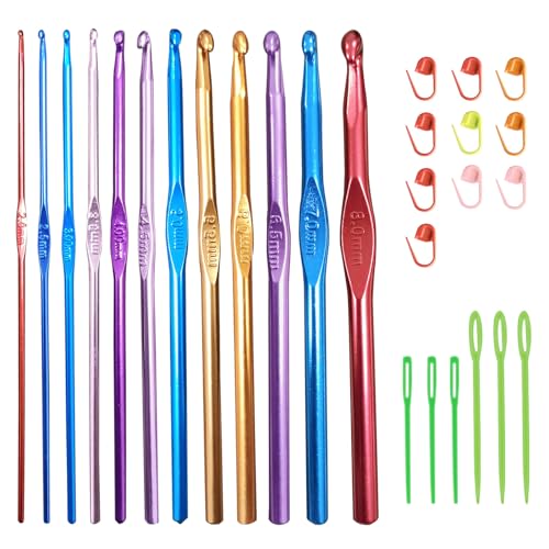 EUPSIIU 12 Stücke Häkelnadel Set Multicolor Aluminium Stricknadeln, Häkelnadel, Inklusive Maschenmarkierern und Kunststoffnadeln mit Großem Öhr, Stricknadeln für Anfänger Oder Profis (Mehrfarbig) von EUPSIIU