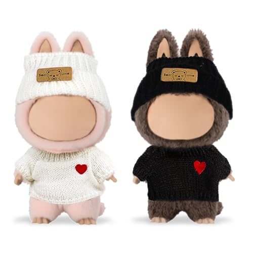 EUPSIIU 2 Pack 17cm Puppenkleidung, Schwarz und Weiß Gestricktes Puppenkleidungsset mit Hüten und Kleidung, Plüsch Puppe Kleidung, Kuschel Kleidung Set niedliche Puppen Zubehör (Schwarz, Weiß) von EUPSIIU