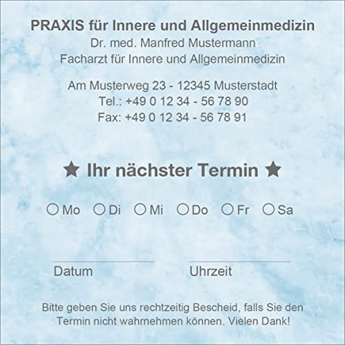 Terminzettel Terminkarten nächster Termin mit Ihrer Adresse personalisiert, inkl. praktischer Zettelbox mit Stiftehalter, 10 x 10 cm (marmor hellblau) (1000) von EUROPRINT24