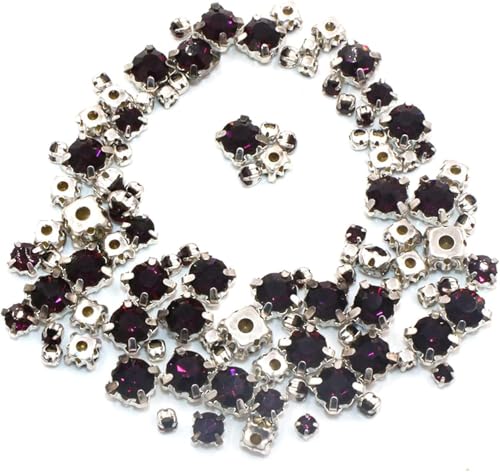 Hotfix-Strasssteine, 100 Stück/Beutel, gemischte Größe, Glaskristallsteine, lose Perlen for Kleidung, silberne Krallenfassung, for Aufnähen von Strasssteinen, DIY, Hochzeitskleid(Deep Purple) von EUXHTYWP