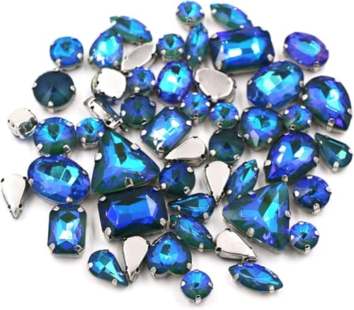 Hotfix-Strasssteine, 50 Stück/Beutel, gemischte Form, Kristallsteine, for Nähen, Splitter-Krallenfassung, Glas, Mokka-AB-Strass, DIY-Taschen/Schuhe/Kleidungszubehör(Green Ab Mk) von EUXHTYWP