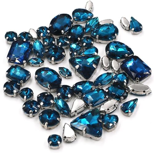 Hotfix-Strasssteine, 50 Stück/Beutel, gemischte Form, Kristallsteine, for Nähen, Splitter-Krallenfassung, Glas-Strasssteine, DIY-Taschen, Schuhe, Kleidungszubehör(Peacock Blue) von EUXHTYWP