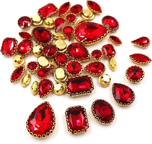 Hotfix-Strasssteine, 50 Stück/Beutel, gemischte Form, Kristallsteine, for Nähen, goldfarbene Spitzen-Krallenfassung, Glas-Strasssteine, DIY-Schuhe, Kleidungszubehör(Red) von EUXHTYWP