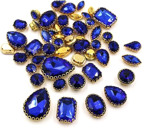 Hotfix-Strasssteine, 50 Stück/Beutel, gemischte Form, Kristallsteine, for Nähen, goldfarbene Spitzen-Krallenfassung, Glas-Strasssteine, DIY-Schuhe, Kleidungszubehör(Royal Blue) von EUXHTYWP