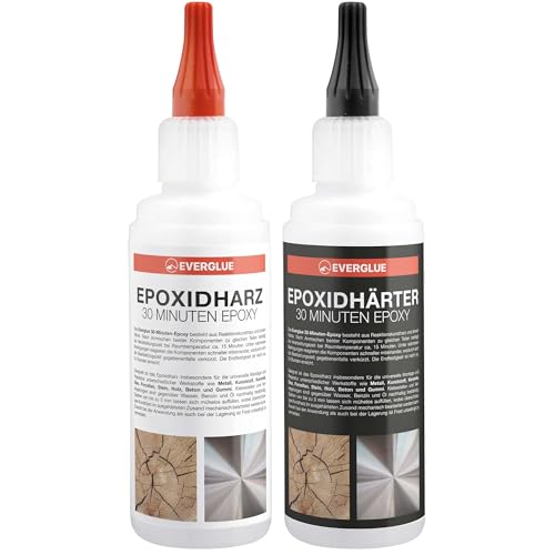 Everglue 2K 30-Minuten-Epoxy Epoxidharz transparent und hitzebeständig zum Kleben und Versiegeln von Metall Kunststoff Keramik Glas Holz CfK Carbon GfK Glasfaser Marmor Beton Styropor von EVERGLUE