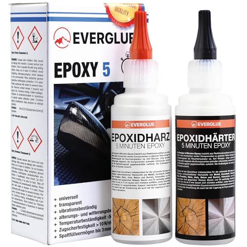 Everglue 5 Minuten Epoxy 200g 2K Epoxidharz mit Härter transparent und hitzebeständig zum Kleben und Versiegeln von Metall Kunststoff Keramik Glas Holz CfK Carbon GfK Glasfaser Marmor Beton Styropor von EVERGLUE