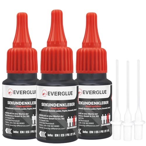 Everglue Sekundenkleber Set dünn, mittel oder dick 3x 20g für präzises Kleben und schnelle Reparaturen extra stark schnelltrocknend und flüssig ohne Nachtropfen Sekundenkleber extra stark (EV650041-3) von EVERGLUE