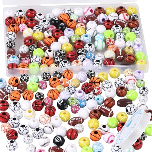 100 Stück Sportball-Perlen mit 4,5 m langem elastischem Seil, Acryl-Softball, American Football, Basketball, Volleyball, Baseball, Tennis, Perlen für DIY-Armband, Halskette, Schlüsselanhänger, 100 Stück Sportball-Perlen mit 4,5 m langem elastischem Seil, Acryl-Softball, American Football, Basketball, Volleyball, Baseball, Tennis, Perlen für DIY-Armband, Halskette, Schlüsselanhänger, von EVERMARKET