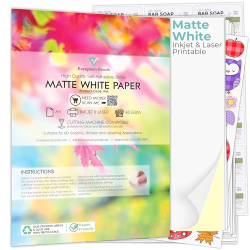 Evergreen Goods A4 100 Blatt 80 gsm | Selbstklebendes klebriges mattes weißes Papier zum Bedrucken | Papier für Tintenstrahl- und Laserdrucker | Stark klebender Papieraufkleber von EVG