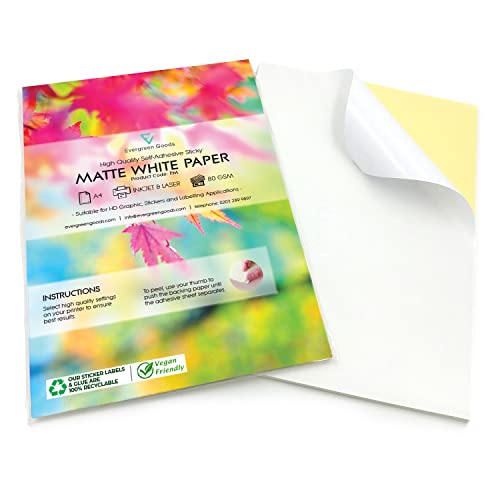 30 Blatt A4, sselbstklebendes weiß matt/Folie/Papier-etikettendruckerpapier Tabelle von Evergreen Goods Ltd