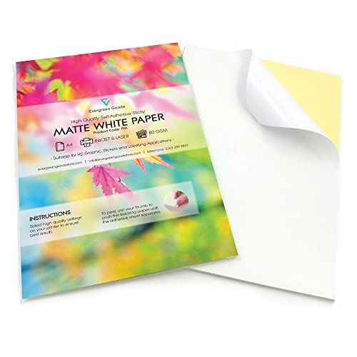 Evergreen Goods 50 Blatt A4 matt weiß bedruckbare Aufkleber Papier Etiketten | Inkjet & Laserdrucker kompatibel selbstklebend | permanent klebende Rückseite Papier | geeignet für Cricut von EVG