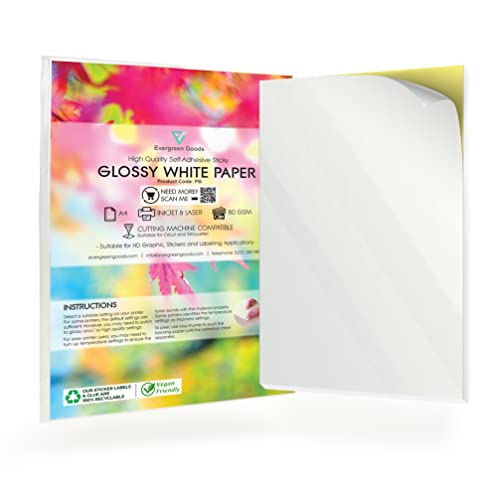 Evergreen Goods Ltd 50 Blatt A4 glänzend weißes selbstklebendes Etikettendruckerpapier, Aufkleberbögen für Tintenstrahl- und Laserdrucker, Etiketten- und Aufkleberdruckpapier im Format A4 von Evergreen Goods Ltd