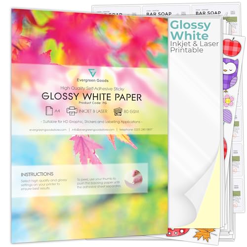 Evergreen Goods 50 A4 Blanko Weiße Glänzende Etiketten, 210x297mm, Langlebig & Einfach Abzuziehen, Kompatibel mit Tintenstrahl- & Laserdruckern & Silhouette, Ideal für Aufkleber & Etikettierung Evergreen Goods 50 A4 Blanko Weiße Glänzende Etiketten, 210x297mm, Langlebig & Einfach Abzuziehen, Kompatibel mit Tintenstrahl- & Laserdruckern & Silhouette, Ideal für Aufkleber & Etikettierung von EVG
