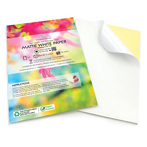 Evergreen Goods 50 Blatt A4 matt beschichtetes weißes selbstklebendes Etiketten-Druckpapier für Tintenstrahl- und Laserdrucker | Heim- und Bürobedarf Aufkleberblätter für Etiketten und Aufkleberdruck von Evergreen Goods Ltd