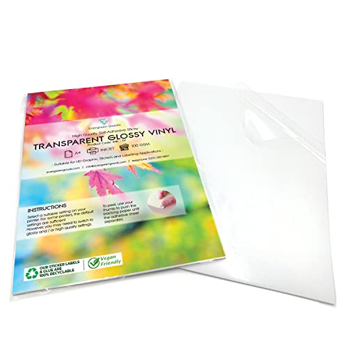 EVG 10 Blatt A4 Klar/Transparent Glänzend Selbstklebende Vinyl Aufkleber, Hochauflösendes Druckpapier für Tintenstrahldrucker, Ideales Aufkleberpapier für Schilder, Kinderaufkleber und DIY Projekte von EVG