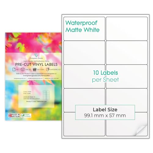 10 Blatt weiße, wasserfeste A4-Vinyl-Etiketten, selbstklebend, hochwertig, bedruckbar mit Tintenstrahldrucker (2 x 5 (10 pro Blatt) von EVG