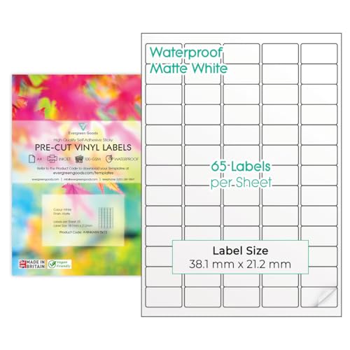 10 Blatt weiße, wasserfeste A4-Vinyl-Etiketten, selbstklebend, hochwertig, bedruckbar mit Tintenstrahldrucker (5 x 13 (65 pro Blatt) von EVG