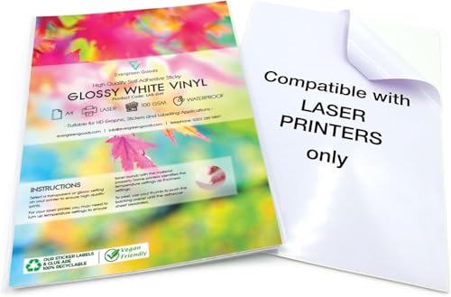 10 x A4-Vinyl-Laserdrucker (nicht geeignet für Tintenstrahldrucker), wasserfeste Blätter (PVC), weiß, glänzend, selbstklebend, hochwertige Aufkleberbögen von EVG