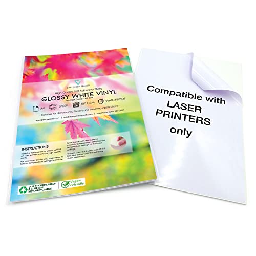 Evergreen Goods 10 x A4 Laserdrucker wasserdicht Vinyl Film glänzend weiß selbstklebende Aufkleber Blätter | Vollständig personalisierte A4 Größe Druckpapier | Aufkleber Papier für verschiedene Zwecke von Evergreen Goods Ltd