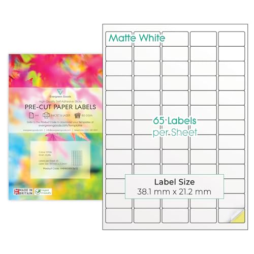 100 Blatt A4 vorgeschnittene Multietiketten (5x13, 65 pro Blatt, insgesamt 6,500 Etiketten), weiße matt selbstklebende Papieraufkleber Mehrzweck-Etiketten für Tintenstrahldrucker und Laserdrucker von EVG