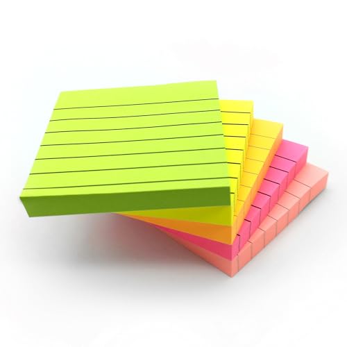 4 Blöcke Neon (quadratisch), liniert, 76 x 76 mm, Neonfarben, Gelb, Rosa, Grün, Orange liniert/liniert, selbstklebende Notizblöcke für Büro, Schule und Meeting von EVG