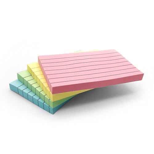4 Blöcke Pastellfarben (rechteckig), liniert, 127 x 76 mm, Pastellfarben, Gelb, Rosa, Grün, Blau liniert/liniert, selbstklebende Notizblöcke für Büro, Schule und Meeting von EVG