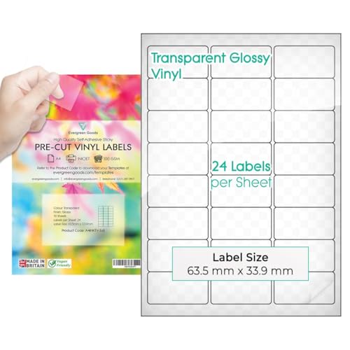 Evergreen Goods™ A4 vorgeschnittene Multi-Aufkleber-Etiketten – glänzend transparent | 3 x 8 (24 pro Blatt): 240 Etiketten insgesamt, 10 Blatt | Inkjet bedruckbar | Clear Sticky-Back selbstklebende von EVG