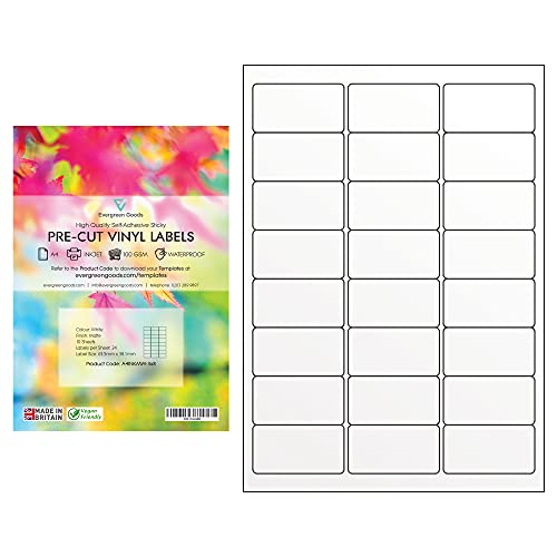 Evergreen Goods 10 Blatt A4 Wasserdichte Vinyl Etiketten 24 Etiketten pro Blatt (3x8) Selbstklebendes Weiß Glänzendes Vinyl (PVC) Stickerpapier Inkjet Bedruckbar DIY, Basteln & Büro von EVG