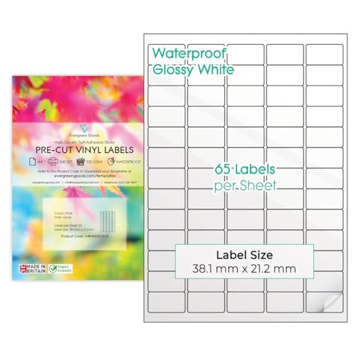 Evergreen Goods 10 Blatt A4 Wasserdichte Vinyl Etiketten 65 Etiketten pro Blatt (5x13) Selbstklebendes Weiß Glänzendes Vinyl (PVC) Stickerpapier Inkjet Bedruckbar DIY, Basteln & Büro von EVG