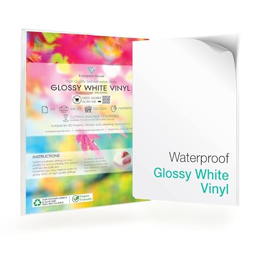 Evergreen Goods 10x A4 Glänzend Weißes Selbstklebendes (PVC) Vinyl-Aufkleberpapier | Wasserfestes Inkjet-bedruckbares Aufkleberpapier | Selbstklebendes Papier Ideal zum Erstellen von DIY-Aufklebern von EVG