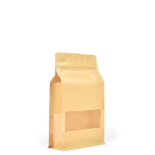 Evergreen Goods 50 Stück selbststehende braune Kraftpapierbeutel mit Fenster, wiederverwendbarer Zip-Lock/Hitzeversiegelung, für Tee, Kaffeebohnen, Nüsse, Samen (120 x 220 mm) von EVG